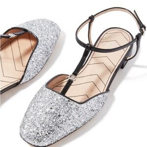 🆕 Gucci double G Silver Glitter Flats with Black Straps